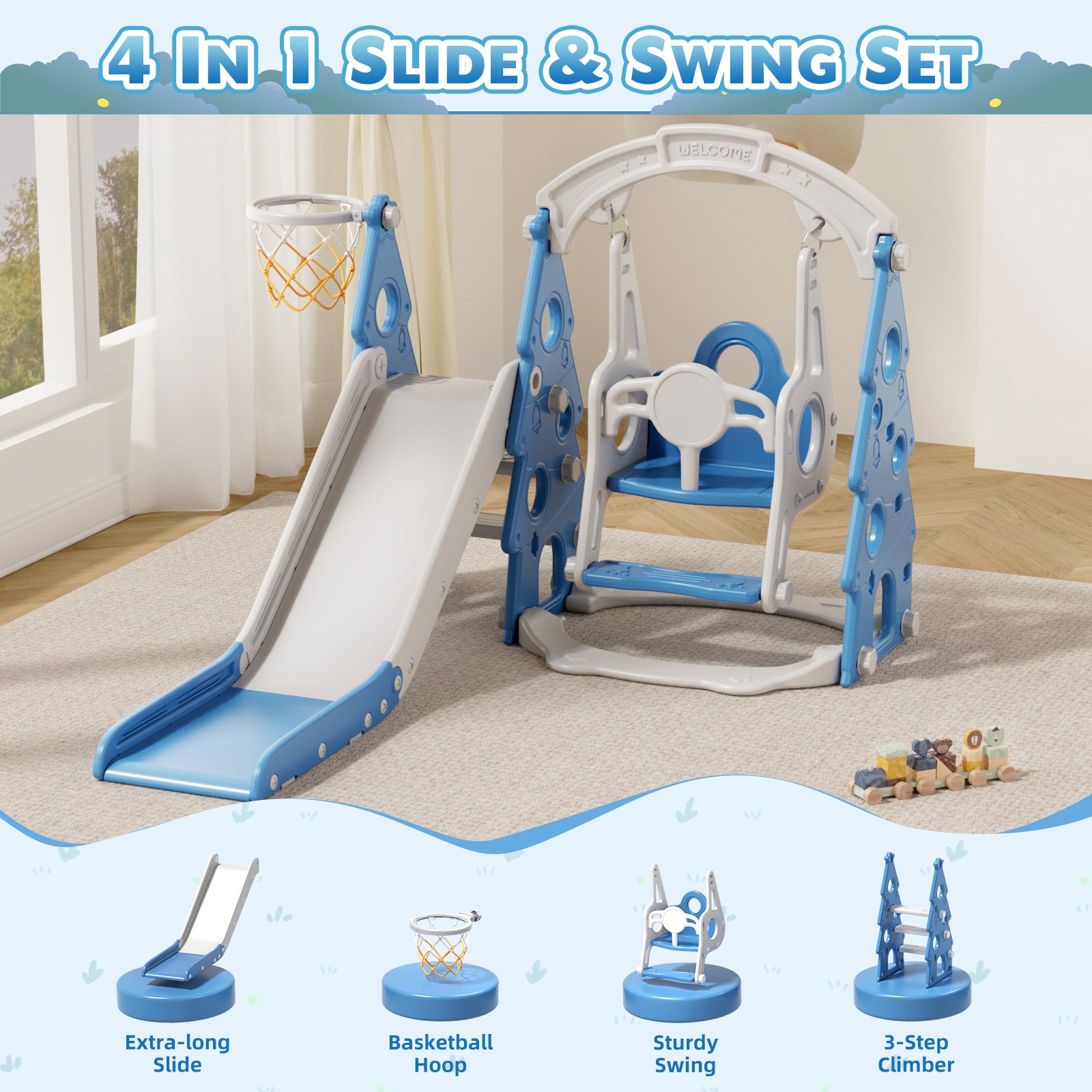 KORIMEFA 4-in-1 Kids Slide and Swing Set, Includes Slide, Swing, Basketball Hoop, and Climber