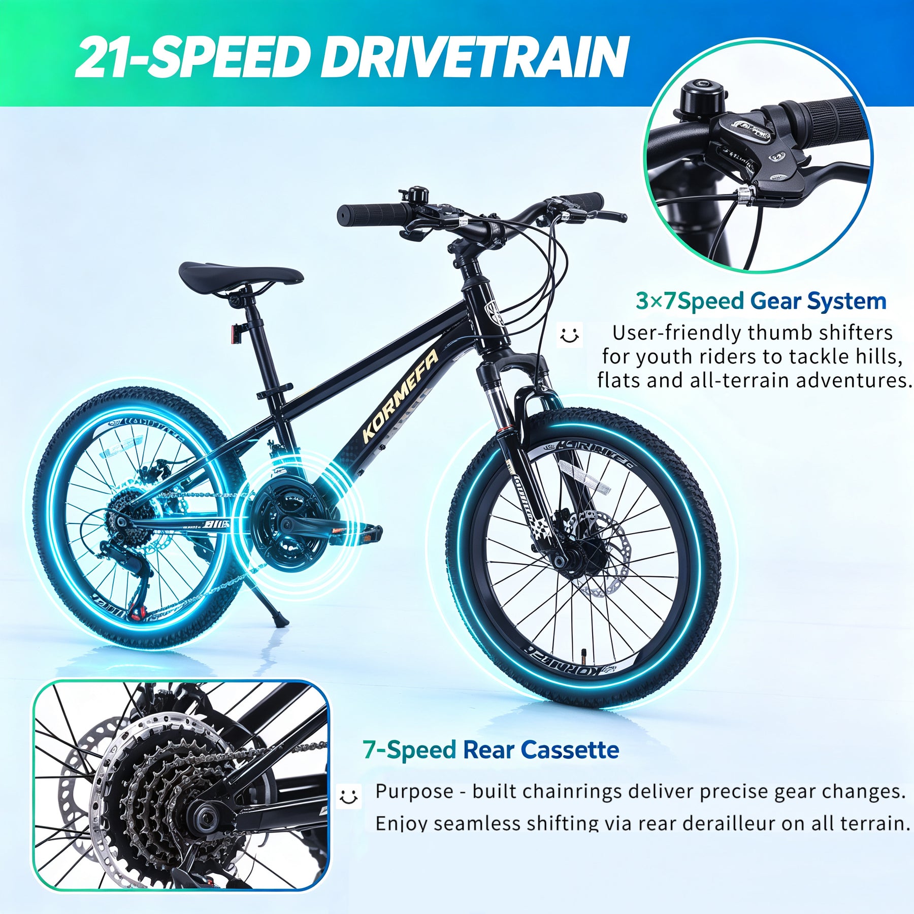 Korimefa 21-Speed Kids Bike, 20 inch Kids Mountain Bicycle for Boys Child Youth 6-12 Years Old, Double Disc Brake, Suspension Fork and Lightweight Aluminum Alloy Frame, Black
