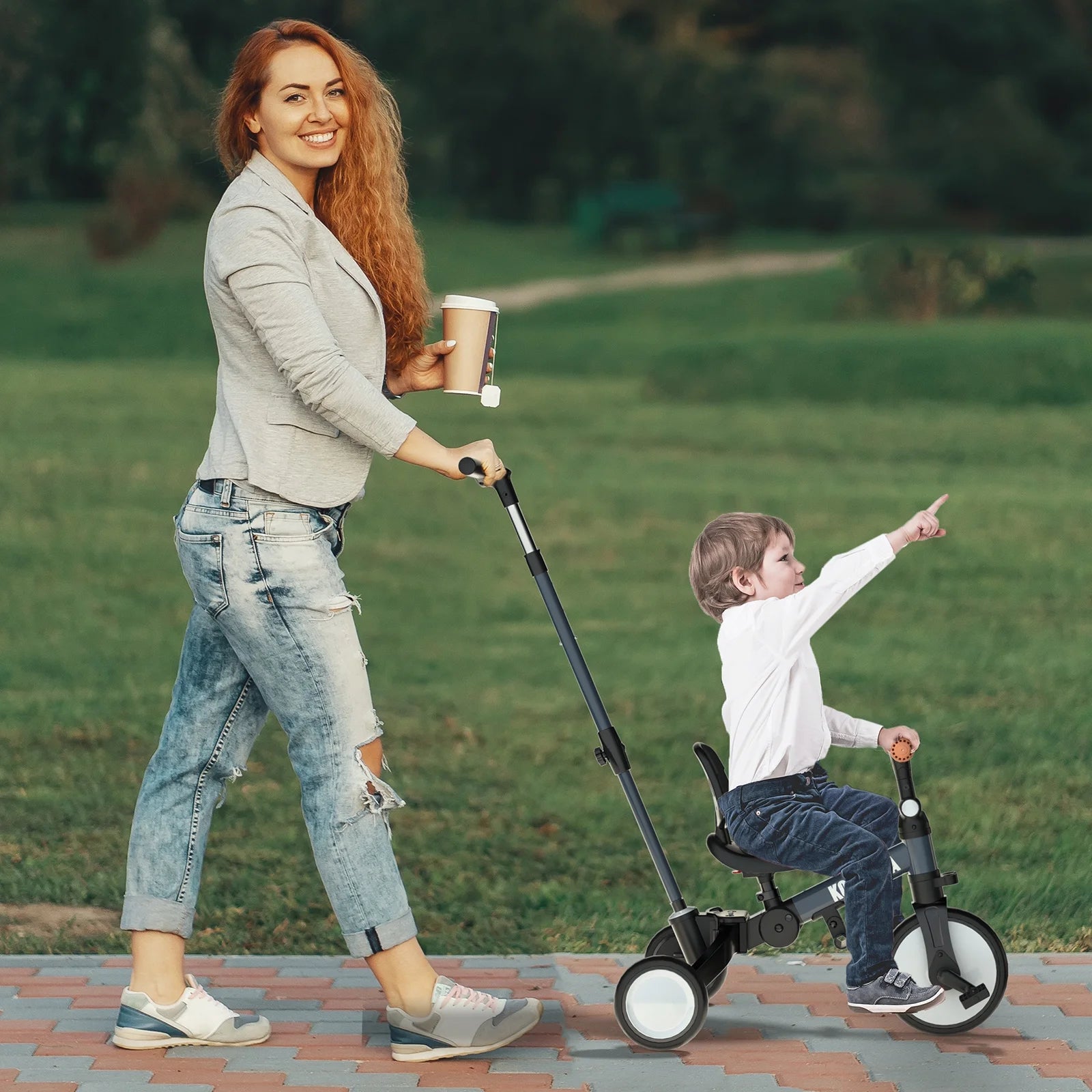 KORIMEFA Toddler Bike, 5-in-1 Folding Toddler Tricycle for 1-6 Year Old with Push Handle, Balance Bike with Removable Pedal,Backrest, Adjustable Seat Height and Handle, First Birthday Gifts,Black
