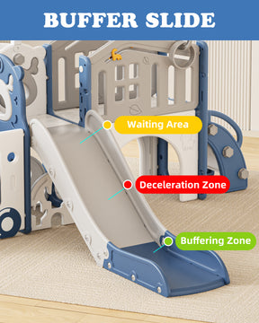 KORIMEFA 9-IN-1 Toddler Slide Set for kids Age 1-5, Bus-Themed Climber Indoor Outdoor Playset with Slide, Golf, Basketball Hoop, Climber, Wheel