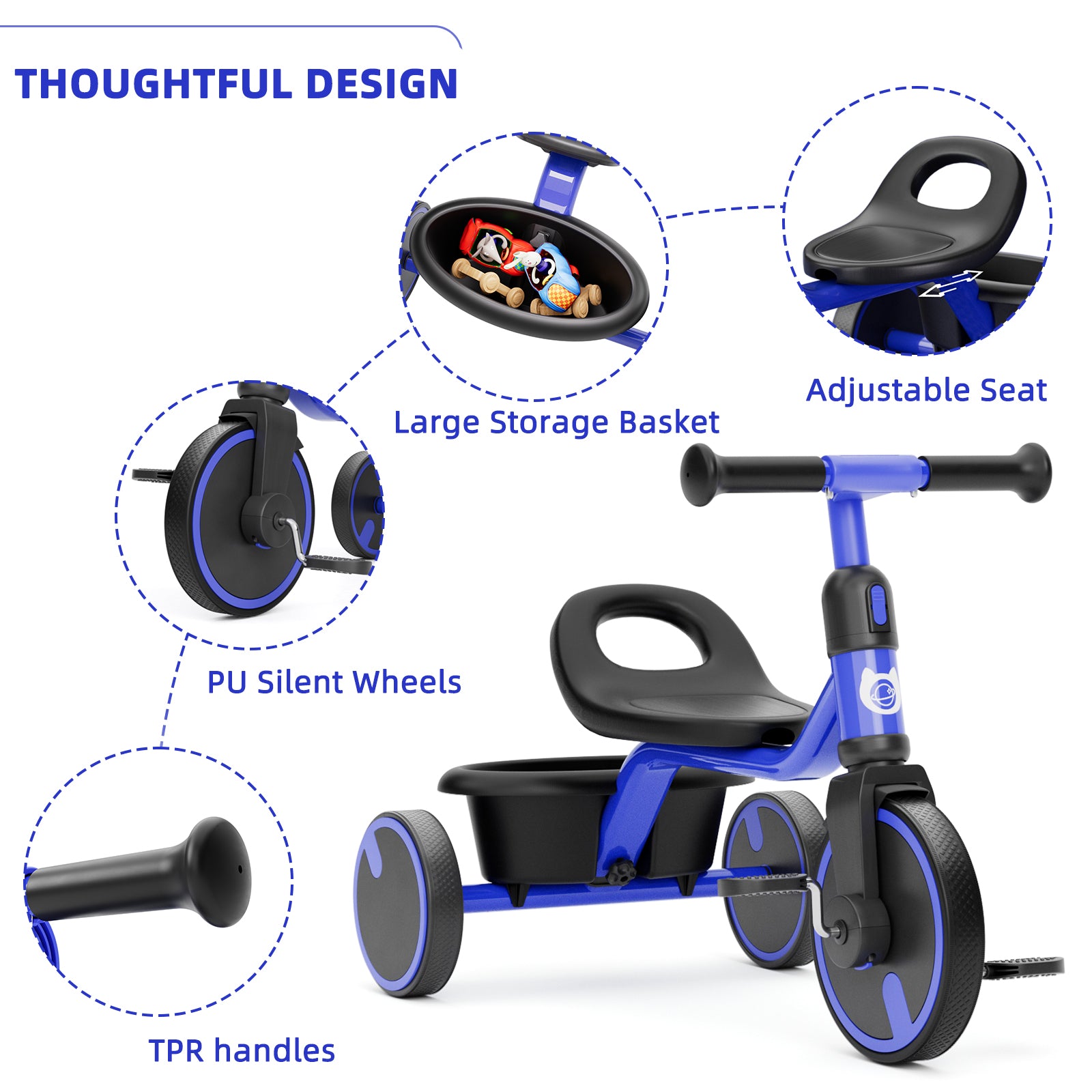 KORIMEFA Toddler Tricycle for 2-5 Year Old, Kids Trike with Storage Basket 3 Wheel Bike Birthday Toys Gift for Girls Boys