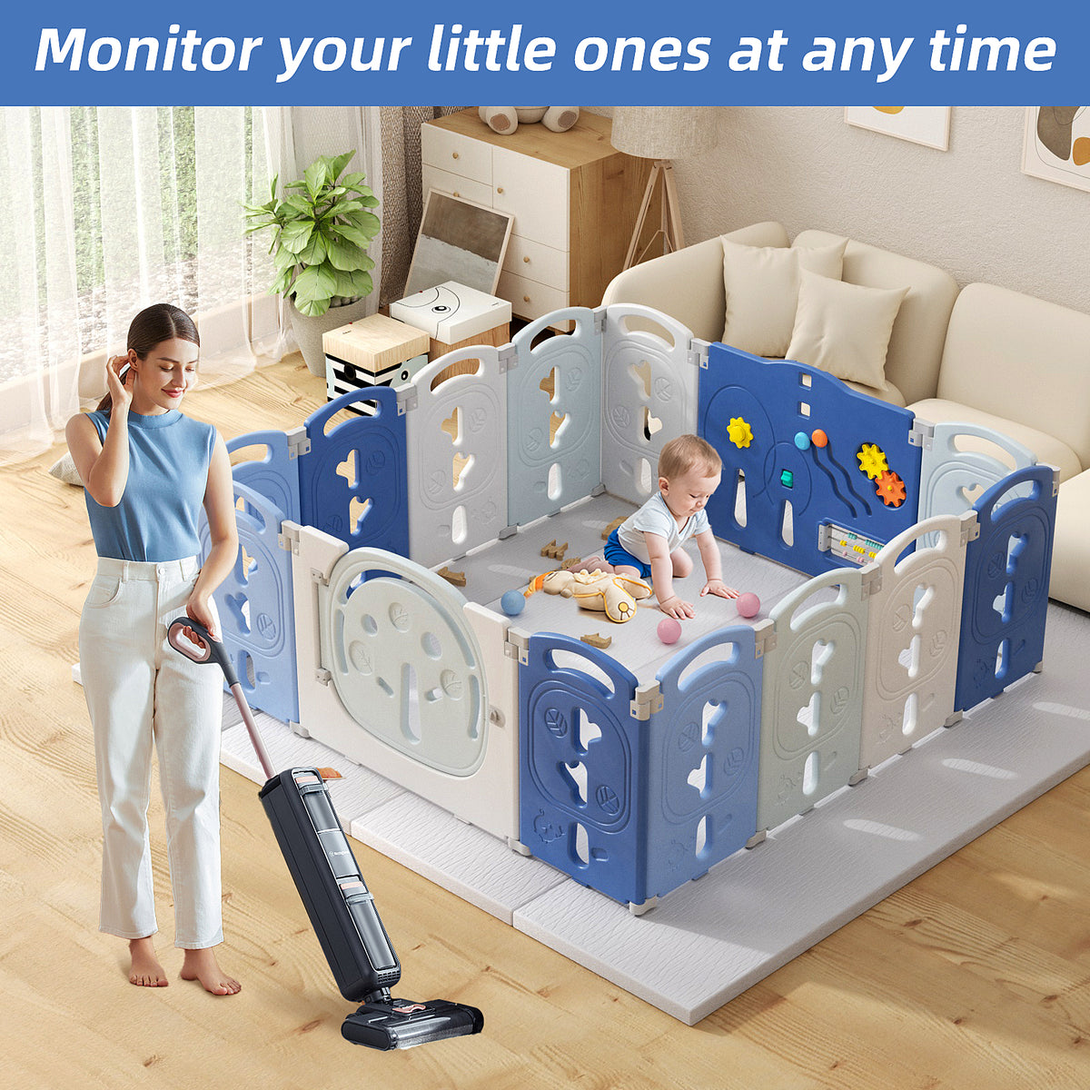 XJD Foldable Playpen for Babies, Blue Baby Safety Play Yard with Gaming Wall and Non-Slip Suction Cup