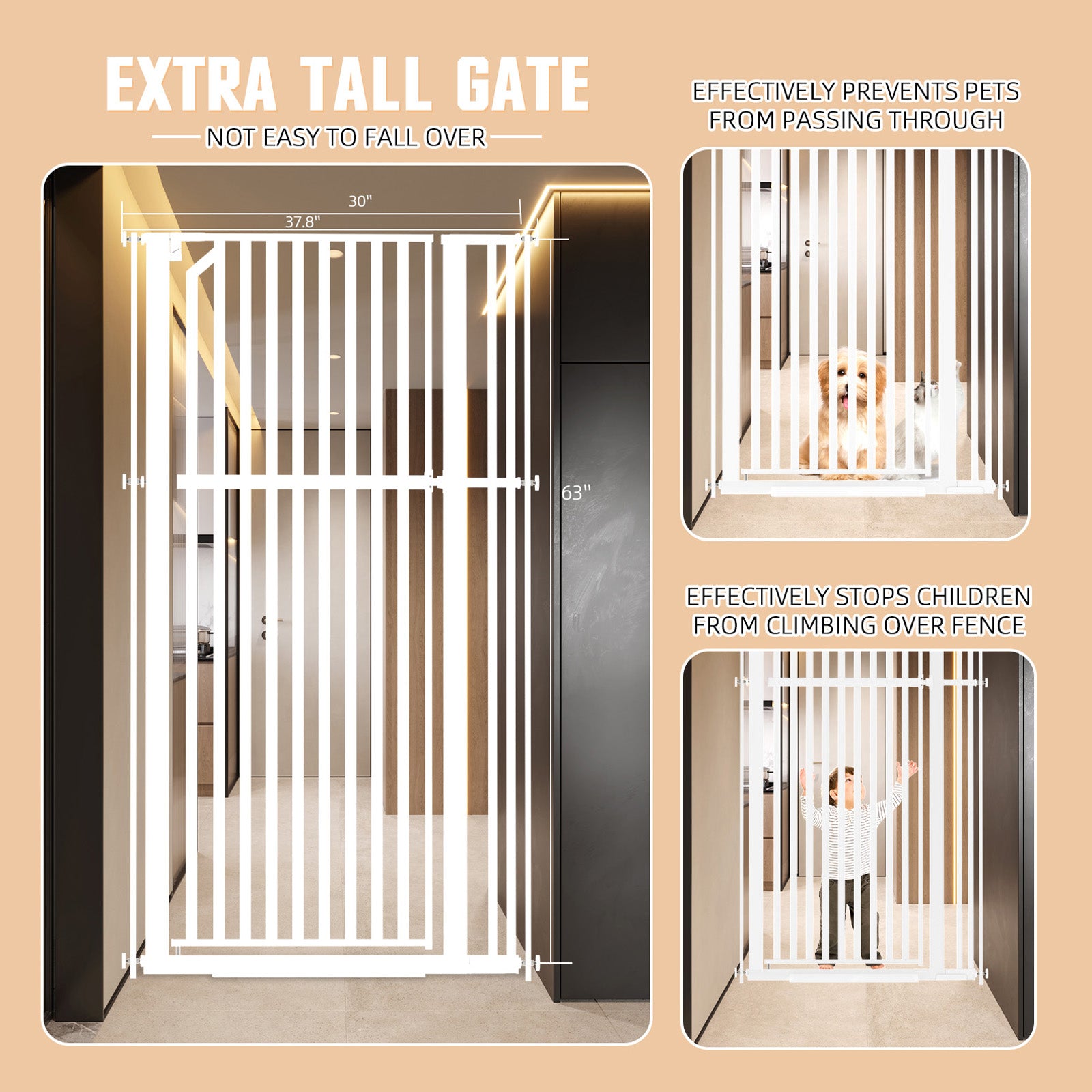 XJD Premium Metal Pet Gate for Babies: Adjustable Width 30-37.8", 63" High – Easy Install, Auto-Close Barrier for Home Safety, White