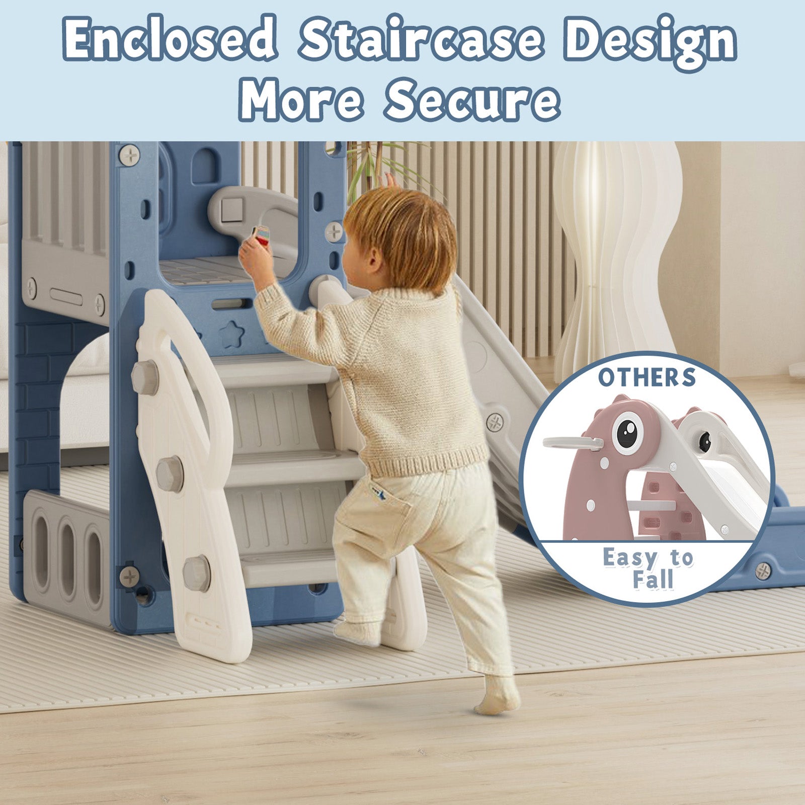 XJD 5 in 1 Toddler Slide Set  Climber Slide for Age 1-3, Outdoor Indoor Playset, Slide with Basketball Hoop, Telescope, and Storage Space, Blue/Grey