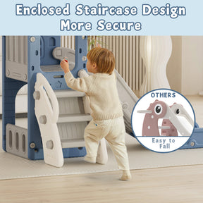 XJD 5 in 1 Toddler Slide Set  Climber Slide for Age 1-3, Outdoor Indoor Playset, Slide with Basketball Hoop, Telescope, and Storage Space, Blue/Grey