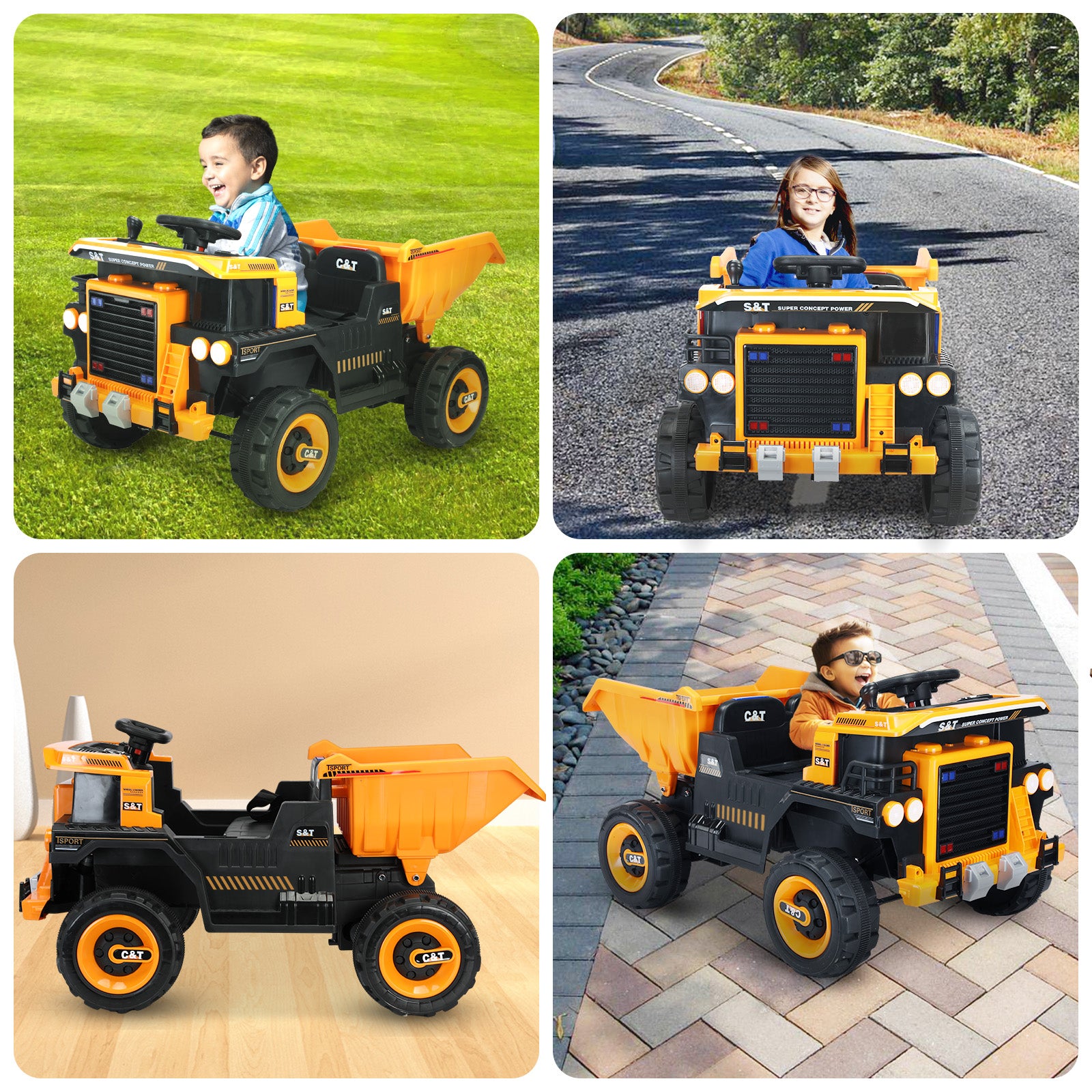 XJD 12V Kids Ride On Truck Car w/Parent Remote Control, Spring Suspension, LED Lights, USB Port, Bluetooth, Orange