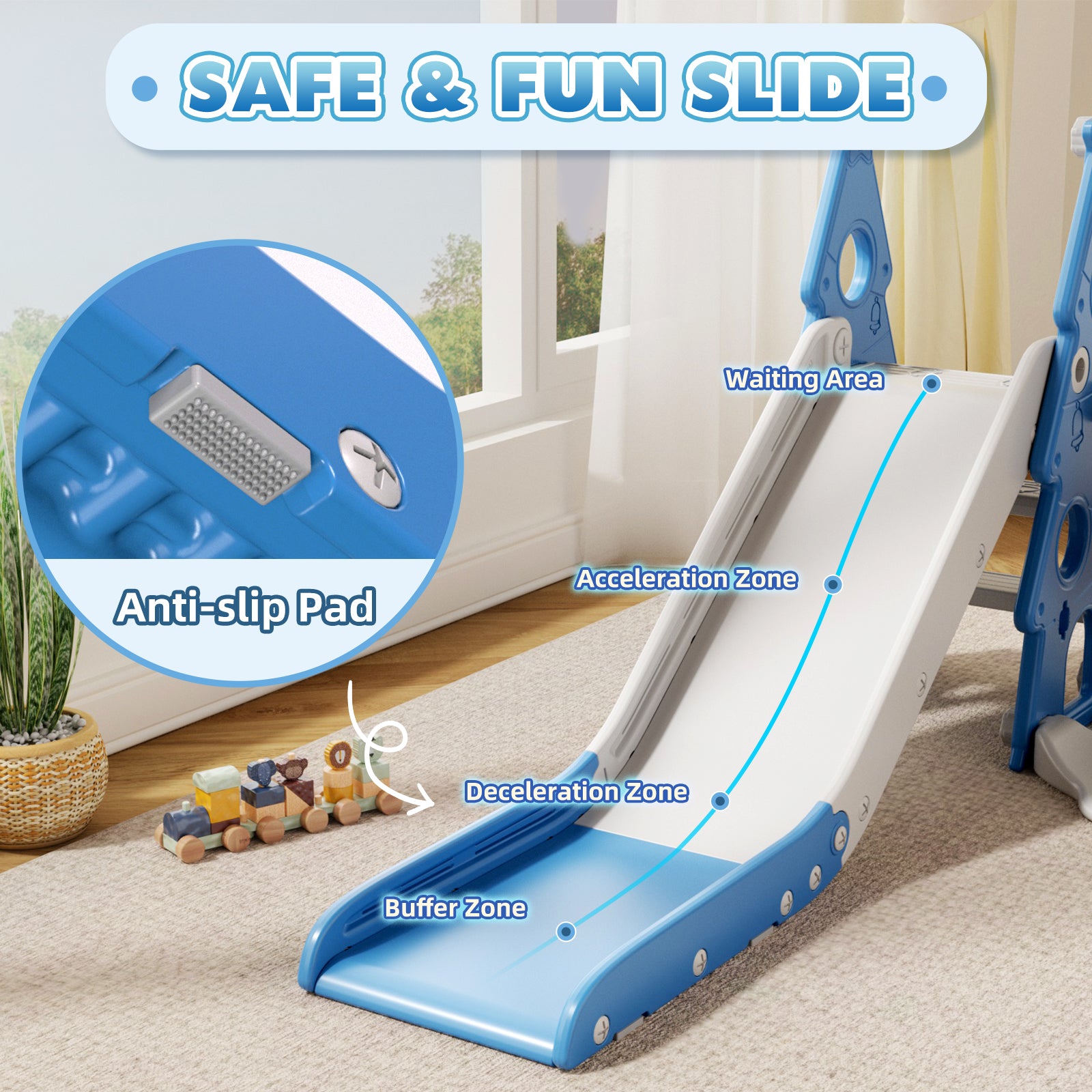 KORIMEFA 4-in-1 Kids Slide and Swing Set, Includes Slide, Swing, Basketball Hoop, and Climber