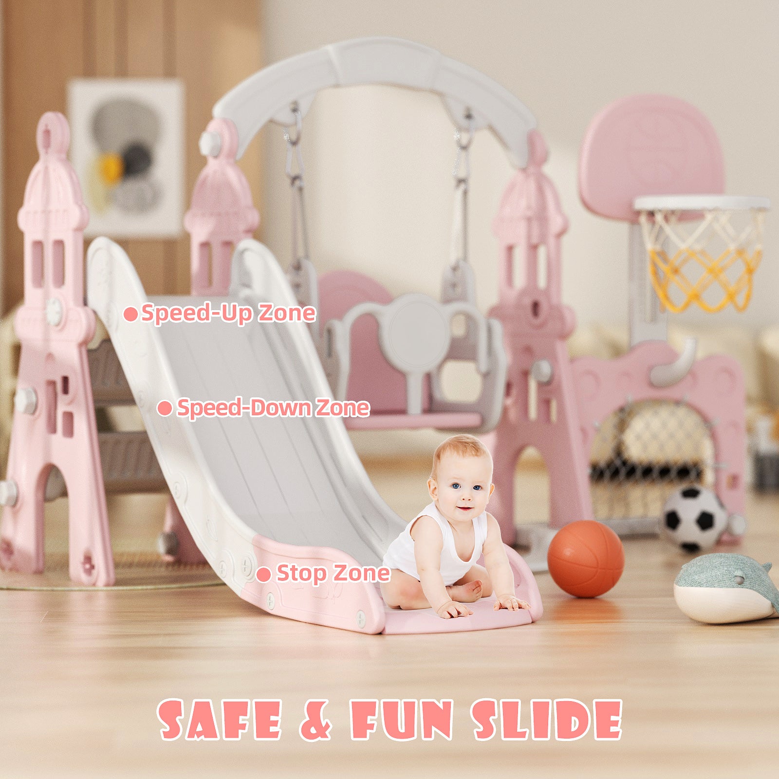 Pre-sale, XJD 5-in-1 Toddler Slide and Swing Set, Pink