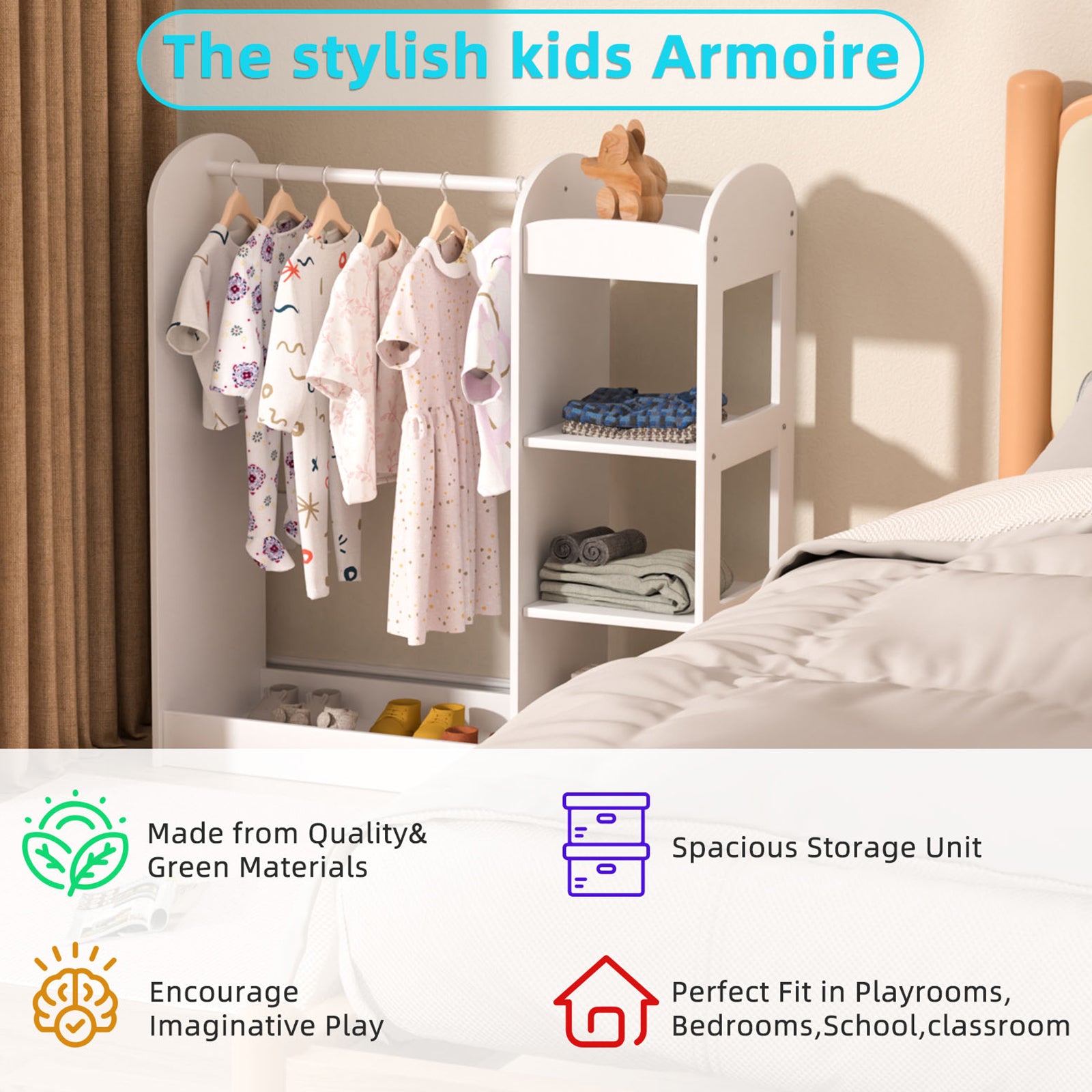 Kids Large Dress up Storage with Mirror, Kids Costume Organizer, White, In stock!