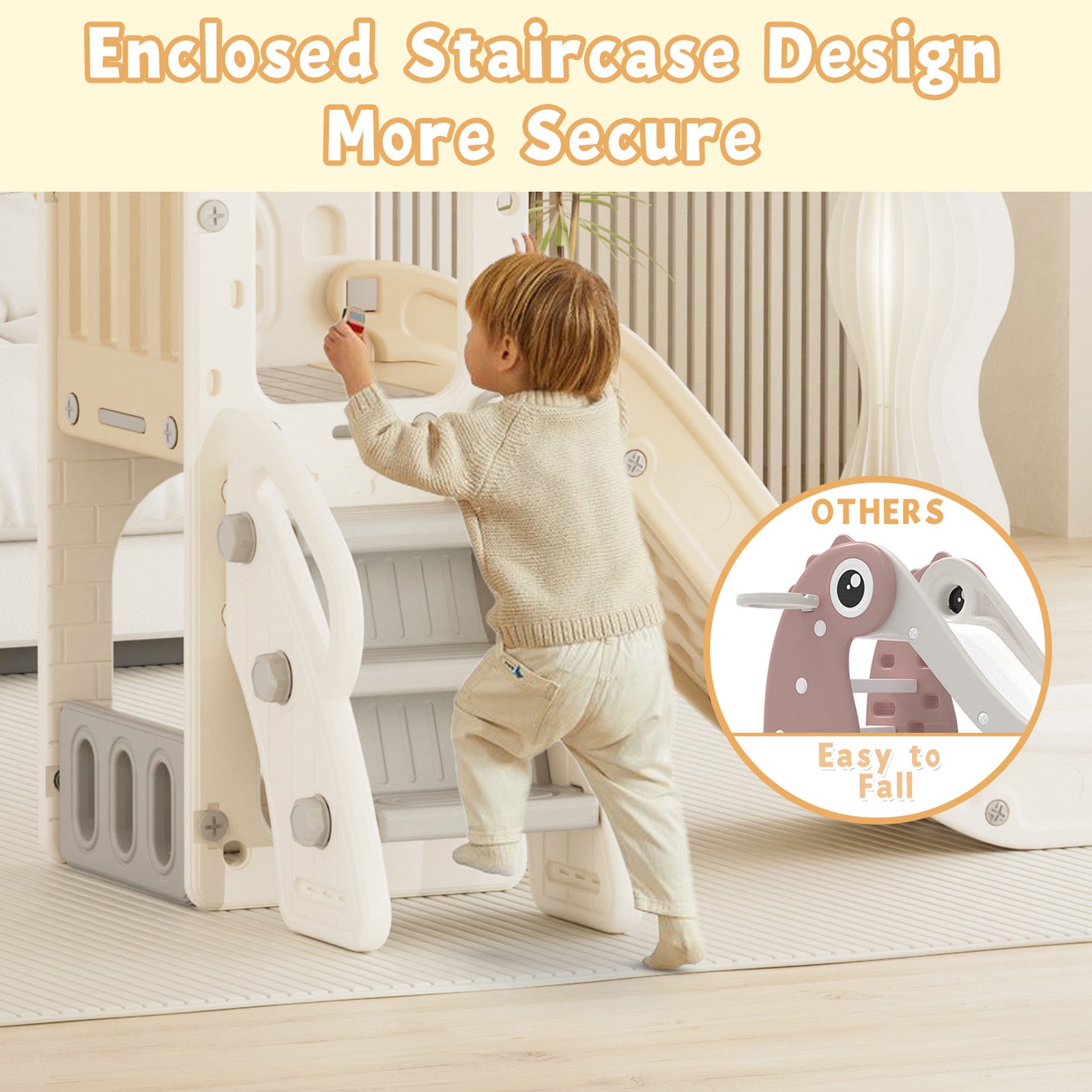 XJD 5 in 1 Toddler Slide Set  Climber Slide for Age 1-3, Outdoor Indoor Playset with Basketball Hoop, Telescope, and Storage Space, Beige/Coffee