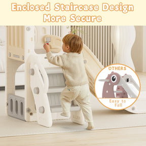 XJD 5 in 1 Toddler Slide Set  Climber Slide for Age 1-3, Outdoor Indoor Playset with Basketball Hoop, Telescope, and Storage Space, Beige/Coffee