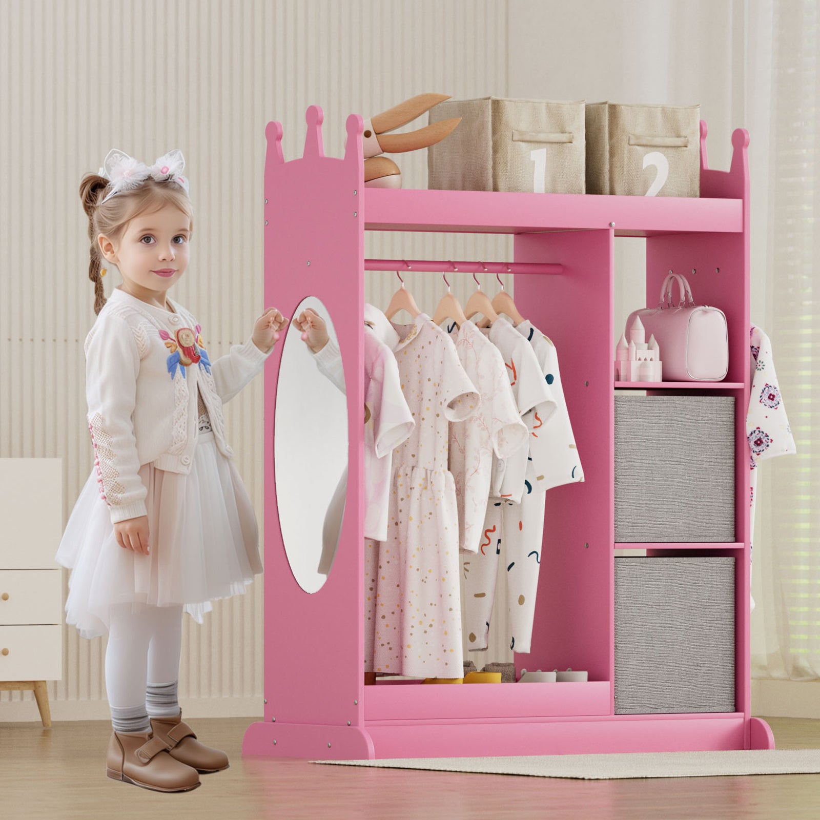 Kids Large Dress up Storage with Mirror, Kids Costume Organizer with Storage Area, Pink