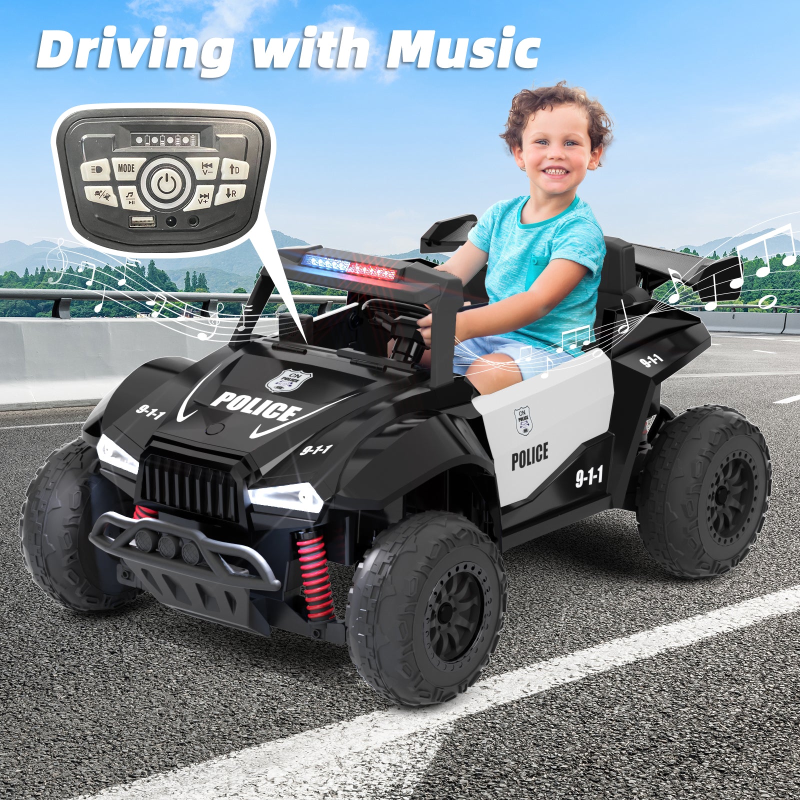 XJD 12V/24V 7AH Ride On Car with Remote Control, 2WD/4WD Switchable, 2 Seats, Power Car for Kids, Black&White