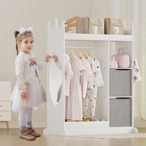 Kids Large Dress up Storage with Mirror, Kids Costume Organizer with Storage Area, White