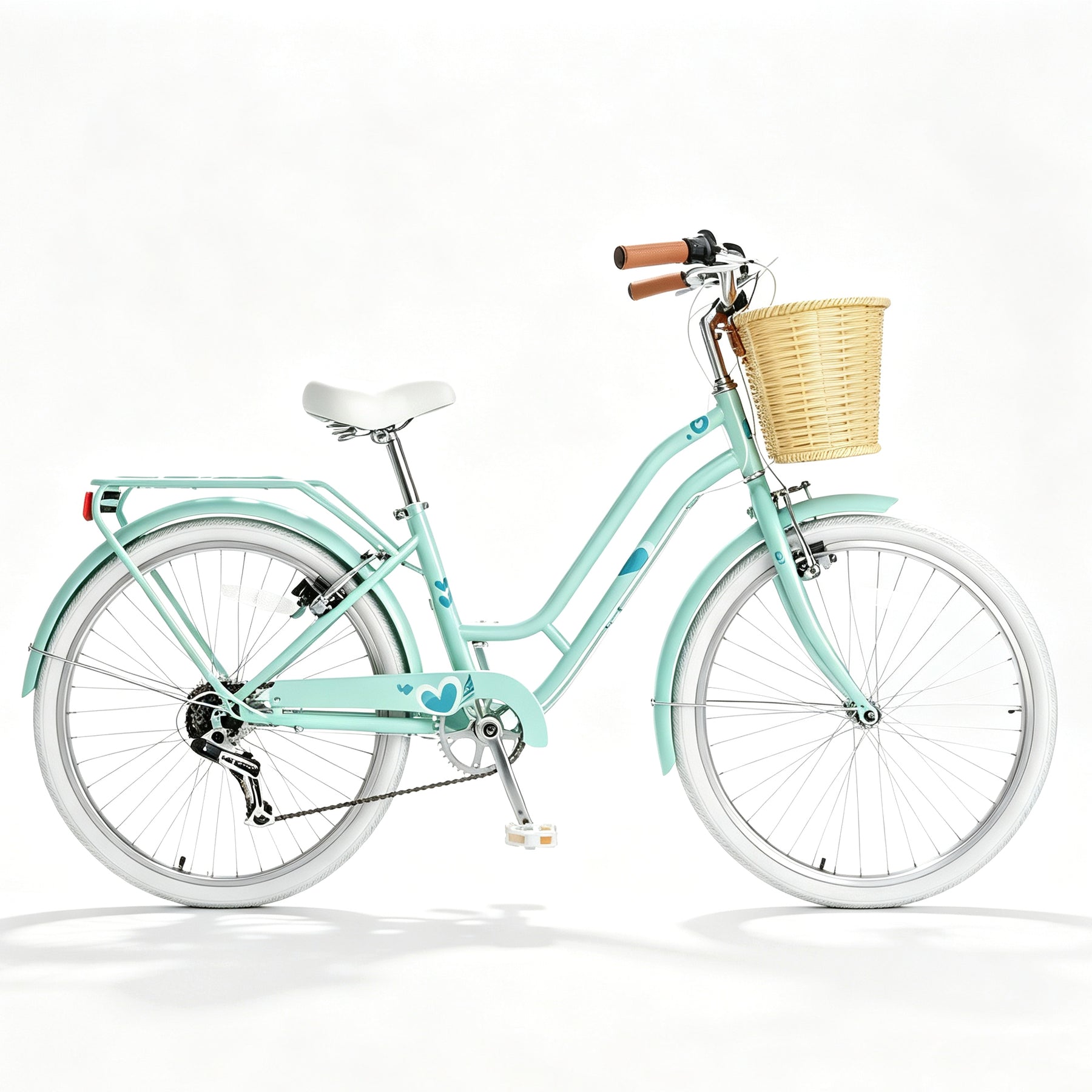 Korimefa 20 Inch Girls Bike, 6-Speed Beach Cruiser Bike for Girls Youth and Over 6 Years Old, Kids Bicycles with Dual V-Brakes Rear Rack & Wicker Basket