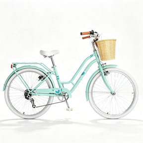 Korimefa 20 Inch Girls Bike, 6-Speed Beach Cruiser Bike for Girls Youth and Over 6 Years Old, Kids Bicycles with Dual V-Brakes Rear Rack & Wicker Basket
