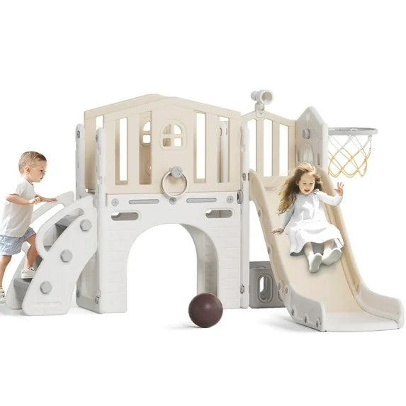 KORIMEFA 7 in 1 Kids Slide Set with Climber, Toddler Climber Slide Play Set with Basketball Hoop, Tunnel, Toddler Playground Outdoor Indoor layground Slide Playset Age 1+