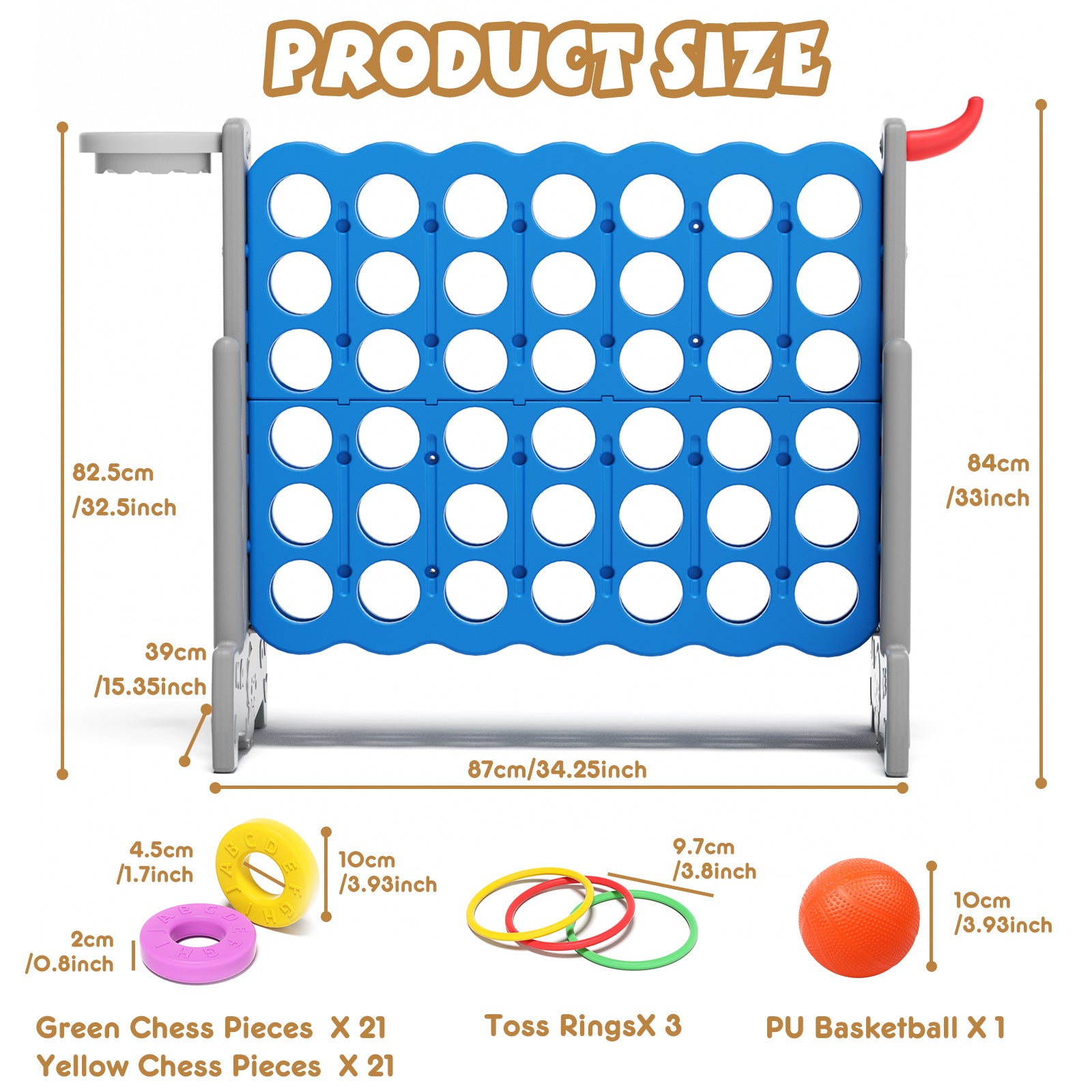 XJD Giant 4-in-A-Row Jumbo Game, 4-to-Score Game Set with Basketball Hoop, Ring Toss, 42 Jumbo Rings, Indoor Outdoor Family Game for Kids & Adults. Blue&Gray