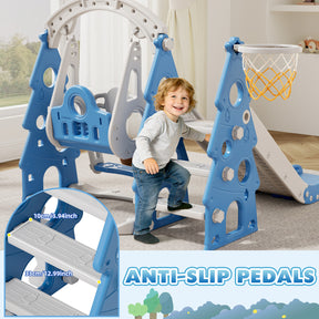 KORIMEFA 4-in-1 Kids Slide and Swing Set, Includes Slide, Swing, Basketball Hoop, and Climber