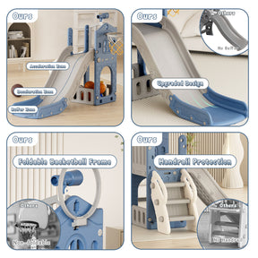 XJD 5 in 1 Toddler Slide Set  Climber Slide for Age 1-3, Outdoor Indoor Playset, Slide with Basketball Hoop, Telescope, and Storage Space, Blue/Grey