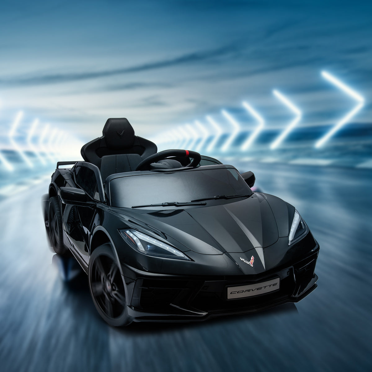XJD Corvette C8 12V Electric Ride-On Car for Kids - Dual Speed, LED, USB, Bluetooth, Parental Control, for Ages 3+, Black