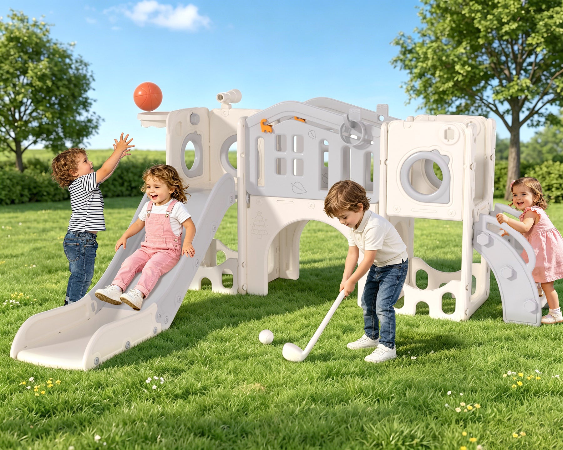 KORIMEFA 11- in-1 Kids Toddler Slide Set, Toddler Climber Slide for Age 1-3 , Indoor Outdoor Slide with Basketball Hoop Ring Toss Golf