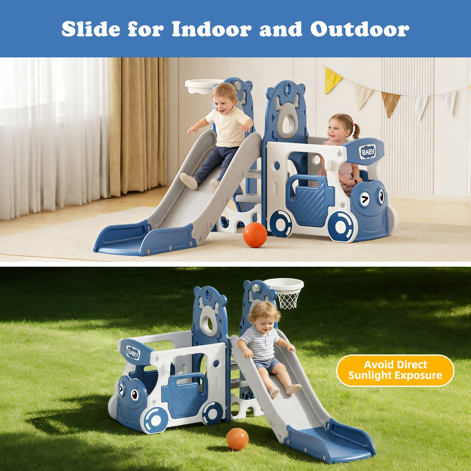 KORIMEFA 6-IN-1 Toddler Slide Set for kids Age 1-4, Bus-Themed Climber Indoor Outdoor Playset with Slide, Basketball Hoop, Climber, Wheel