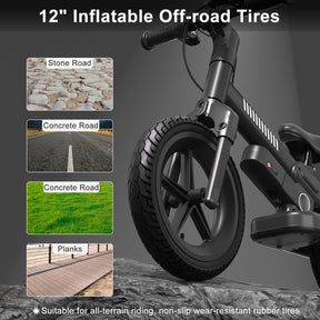 XJD 24V 150W Kids Electric Balance Bike, Ages 3-5, 12" Inflatable Tire, Adjustable Seat, Black