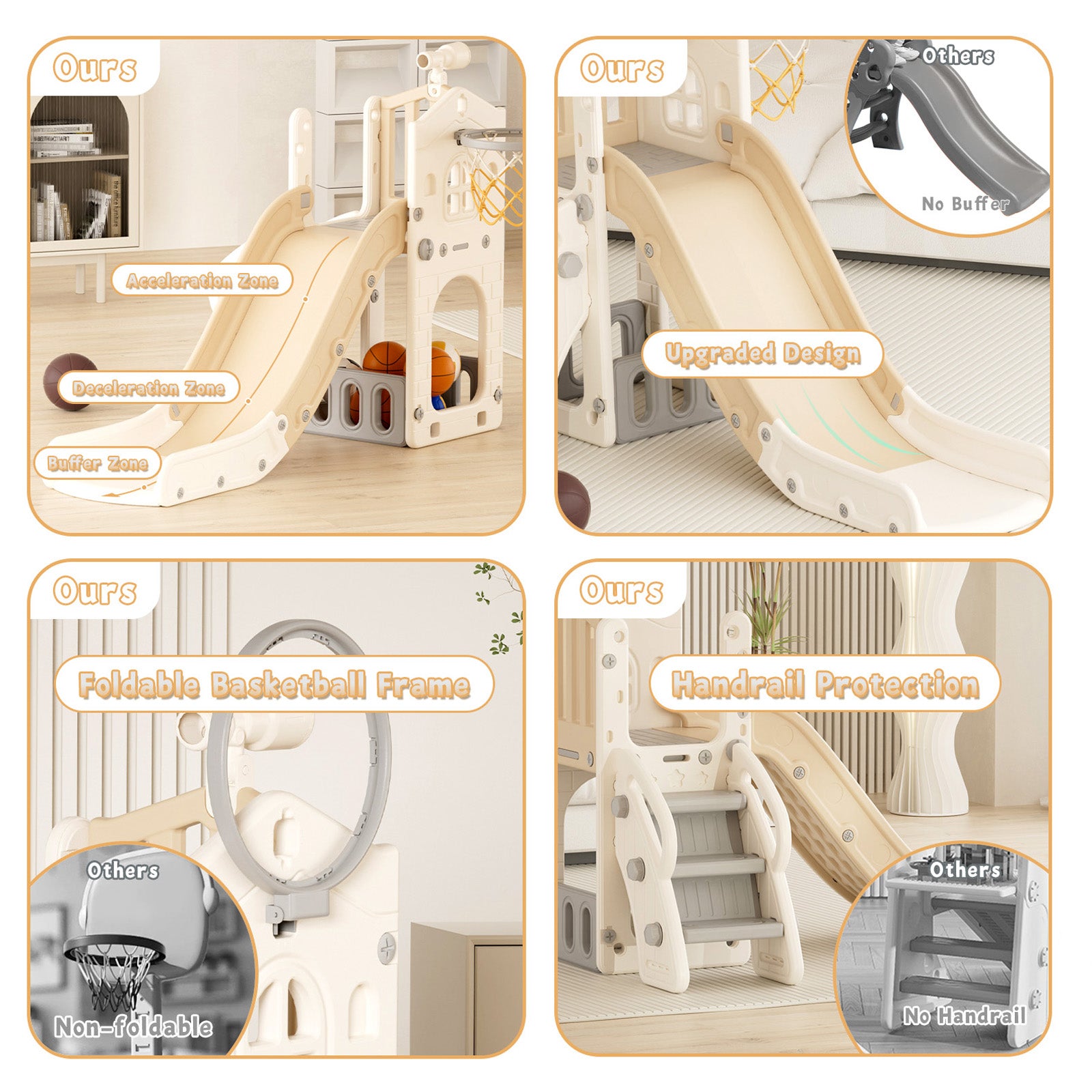 XJD 5 in 1 Toddler Slide Set  Climber Slide for Age 1-3, Outdoor Indoor Playset with Basketball Hoop, Telescope, and Storage Space, Beige/Coffee