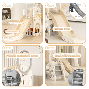 XJD 5 in 1 Toddler Slide Set  Climber Slide for Age 1-3, Outdoor Indoor Playset with Basketball Hoop, Telescope, and Storage Space, Beige/Coffee