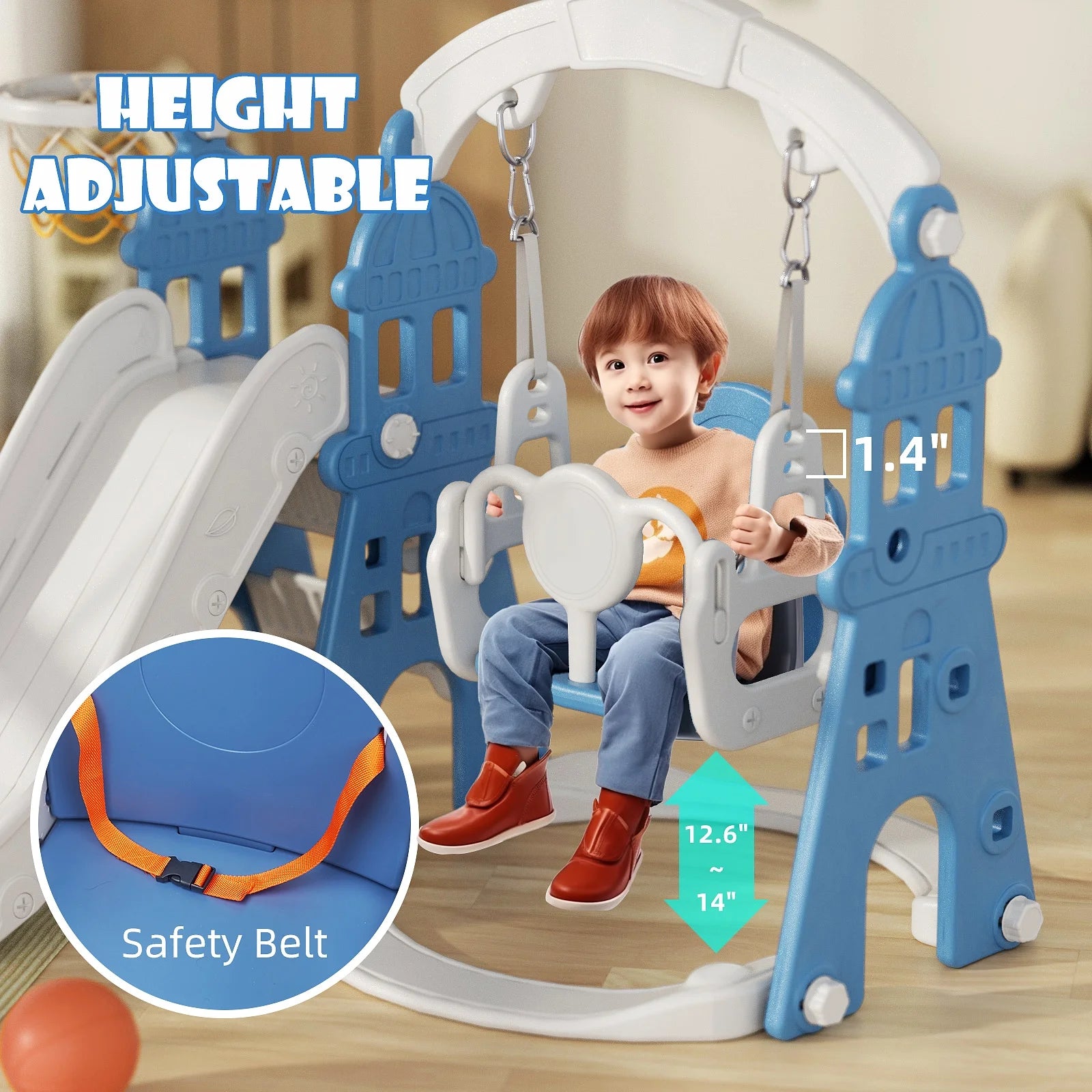 KORIMEFA 4-in-1 Kids Slide and Swing Set - Perfect for Toddlers 1-4 Years - Extra-Large Indoor and Outdoor Playground - Includes Slide, Swing, Basketball Hoop, and Climber