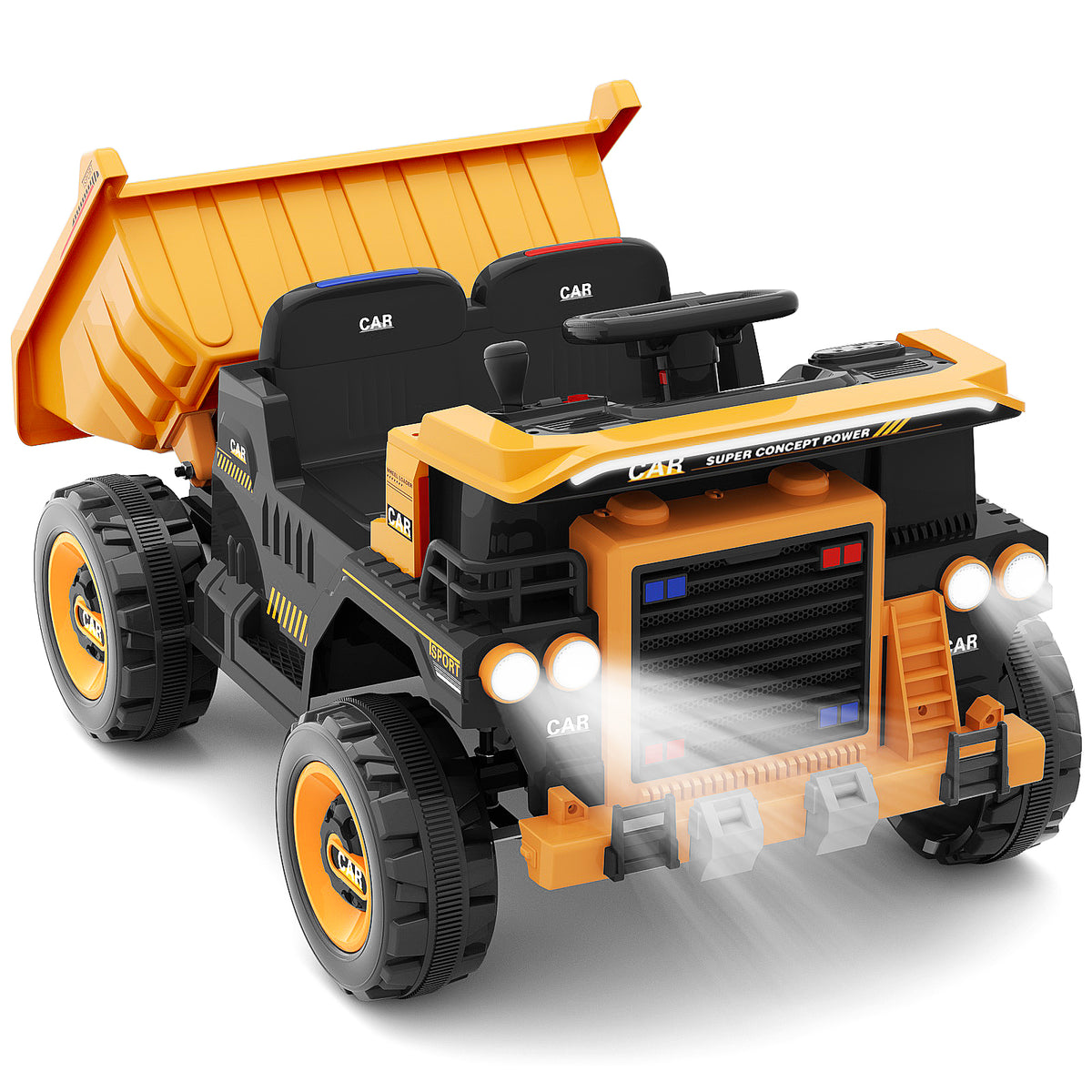 Pre-sale, XJD 12V Kids Ride On Truck Car w/Parent Remote Control, Spring Suspension, LED Lights, USB Port, Bluetooth - Orange