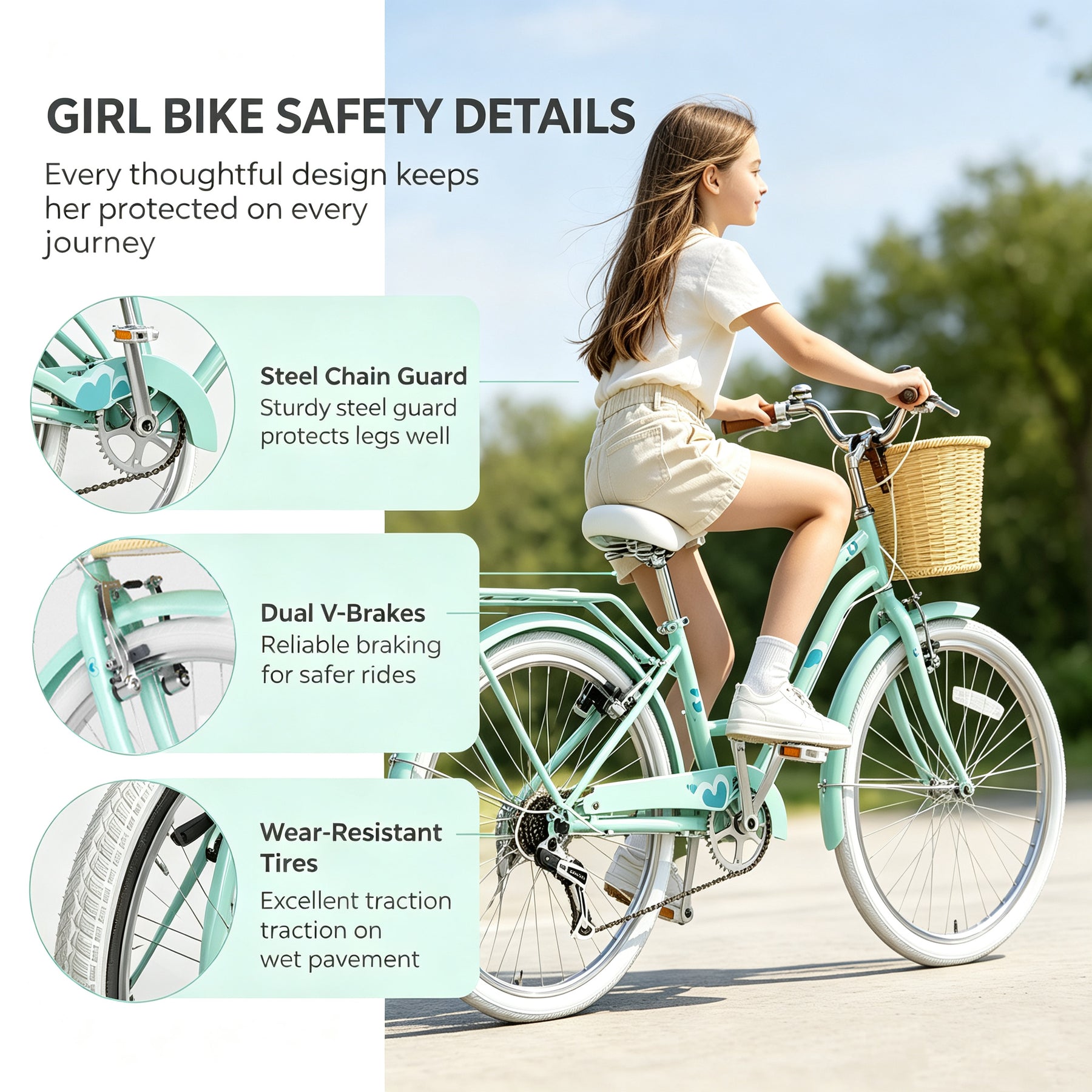 Korimefa 20 Inch Girls Bike, 6-Speed Beach Cruiser Bike for Girls Youth and Over 6 Years Old, Kids Bicycles with Dual V-Brakes Rear Rack & Wicker Basket
