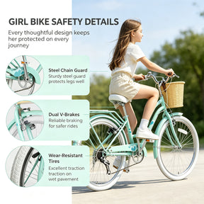 Korimefa 20 Inch Girls Bike, 6-Speed Beach Cruiser Bike for Girls Youth and Over 6 Years Old, Kids Bicycles with Dual V-Brakes Rear Rack & Wicker Basket