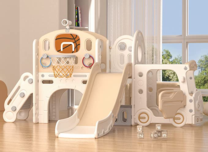 XJD 10-in-1 Toddler Slide Set Freestanding Climber Playset with Basketball Hoop and Ball Versatile Playset for Kids, Beige Coffee