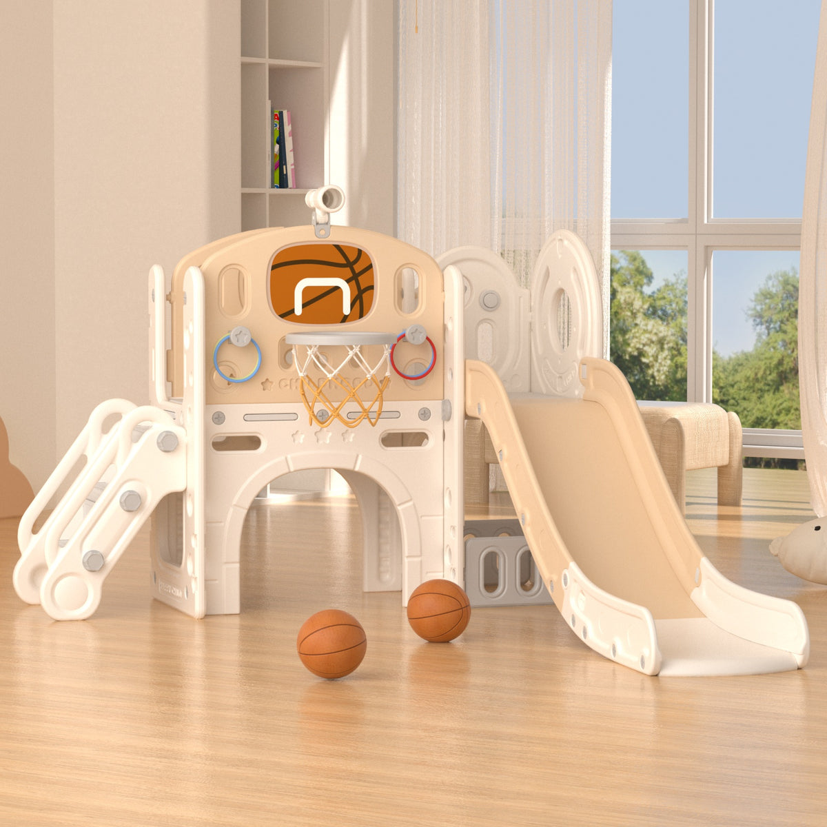 XJD 8-in-1 Kids Slide with Climber with Basketball Hoop, Tunnel, Telescope and Storage Space, Freestanding Indoor/Outdoor Toddler Play Set, Beige Coffee