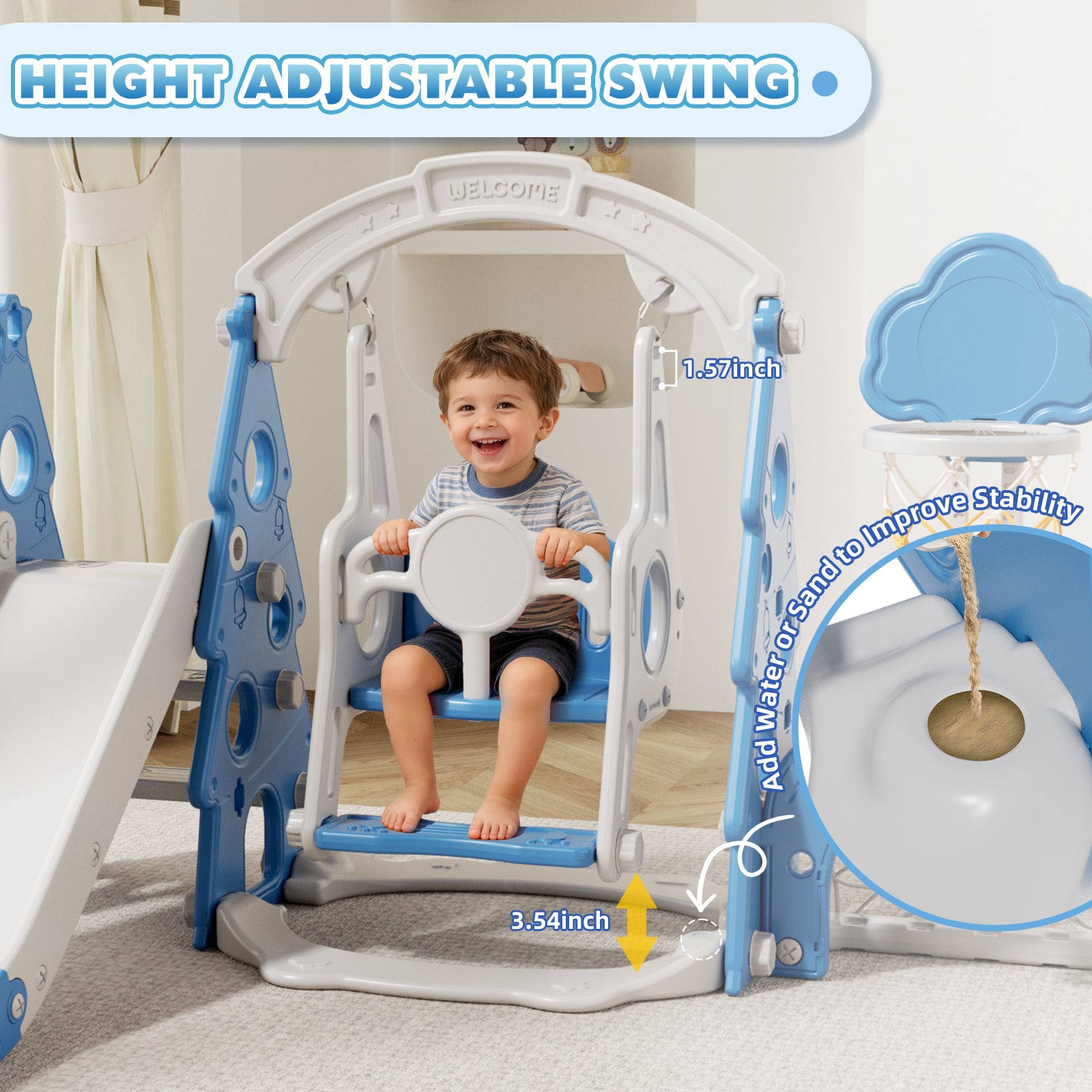 KORIMEFA 6-in-1 Kids Slide and Swing Set,  Includes Slide, Swing, Basketball Hoop, and Climber, Indoor and Outdoor Playground for Todder Age 1-5