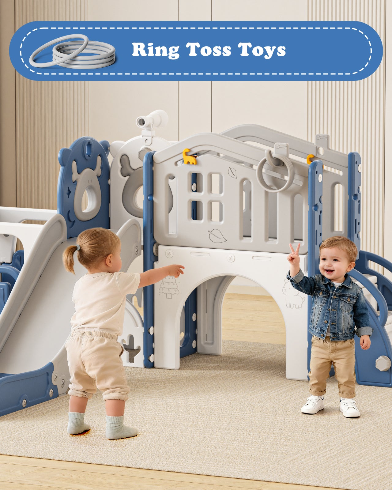 KORIMEFA 9-IN-1 Toddler Slide Set for kids Age 1-5, Bus-Themed Climber Indoor Outdoor Playset with Slide, Golf, Basketball Hoop, Climber, Wheel