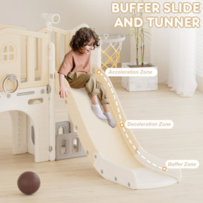 Pre-sale, XJD 8 in 1 Toddler Slide Set  Climber Slide for Age 1-3, Outdoor Indoor Playset with Basketball Hoop, Telescope, and Storage Space, Coffee/Beige