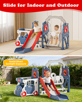 KORIMEFA 8-IN-1 Toddler Slide and Swing Set, Indoor Outdoor Playset for Kids Age 1-5, Bus-Themed Climber Slide, Swing, Wheel