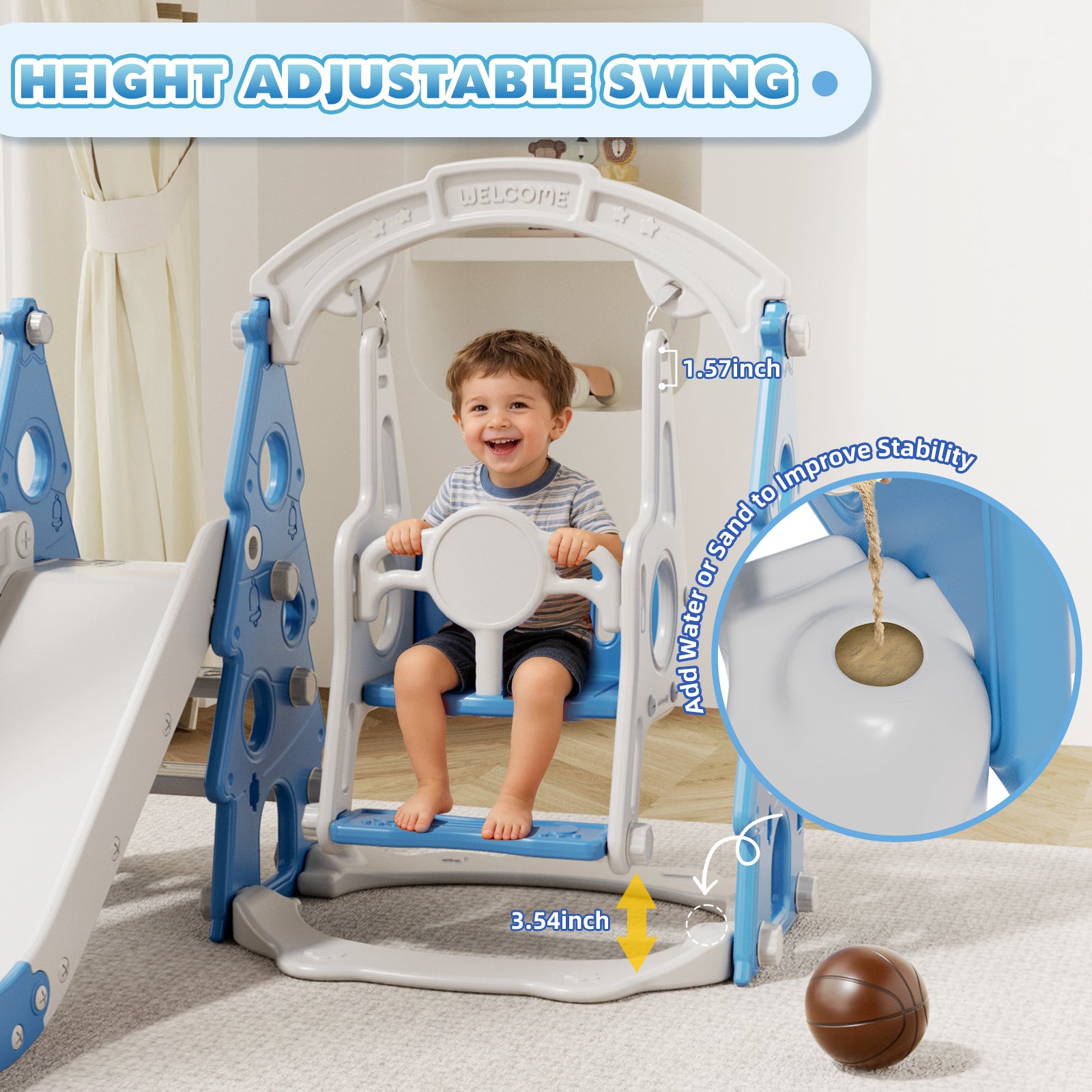 KORIMEFA 4-in-1 Kids Slide and Swing Set, Includes Slide, Swing, Basketball Hoop, and Climber