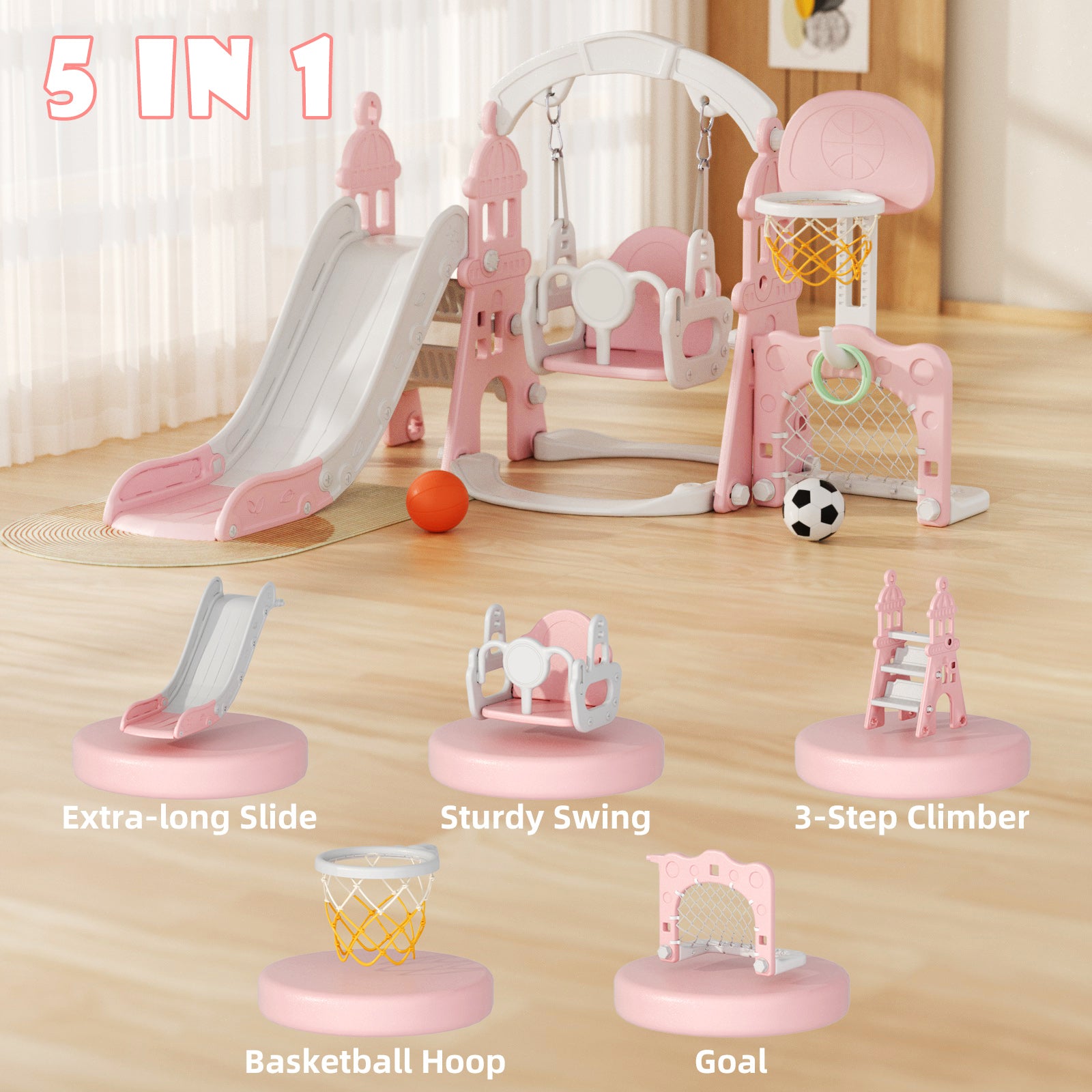 Pre-sale, XJD 5-in-1 Toddler Slide and Swing Set, Pink
