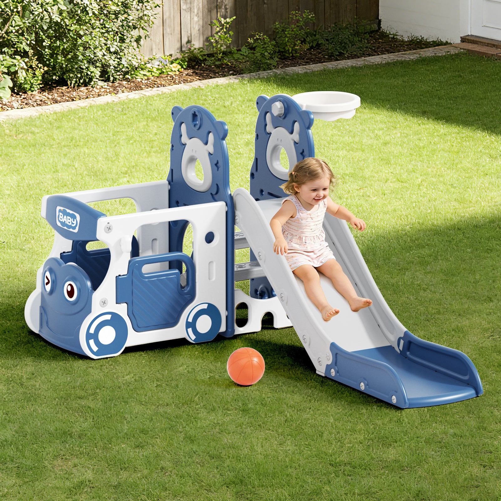 KORIMEFA 6-IN-1 Toddler Slide Set for kids Age 1-4, Bus-Themed Climber Indoor Outdoor Playset with Slide, Basketball Hoop, Climber, Wheel