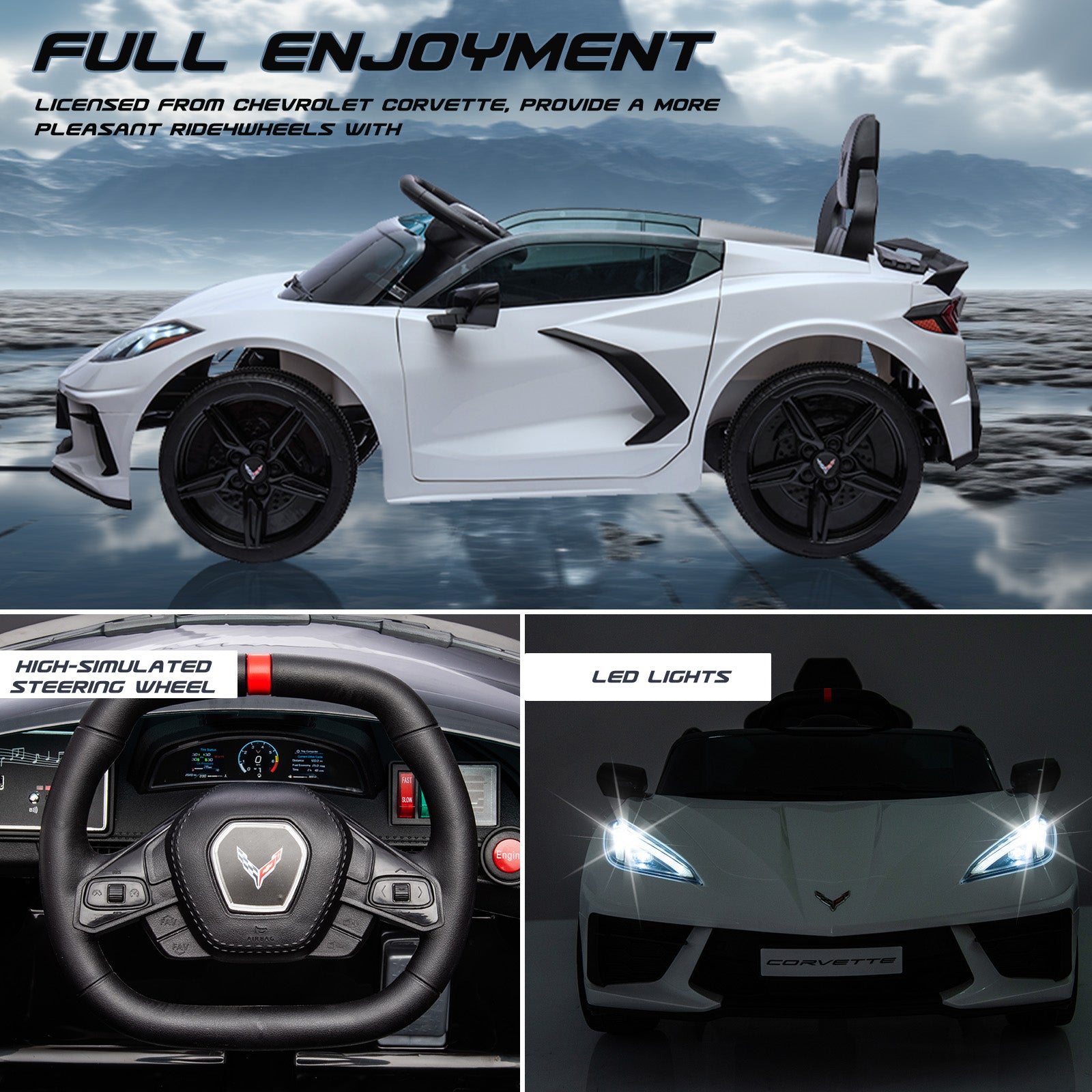 XJD Corvette C8 12V Electric Ride-On Car for Kids - Dual Speed, LED, USB, Bluetooth, Parental Control, for Ages 3+, White