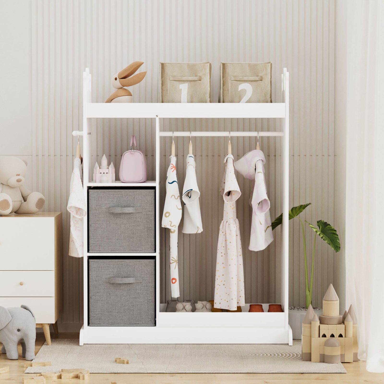 Kids Large Dress up Storage with Mirror, Kids Costume Organizer with Storage Area, White