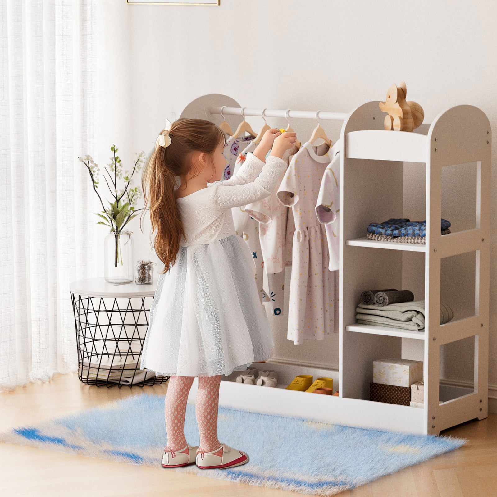 Kids Large Dress up Storage with Mirror, Kids Costume Organizer, White, In stock!