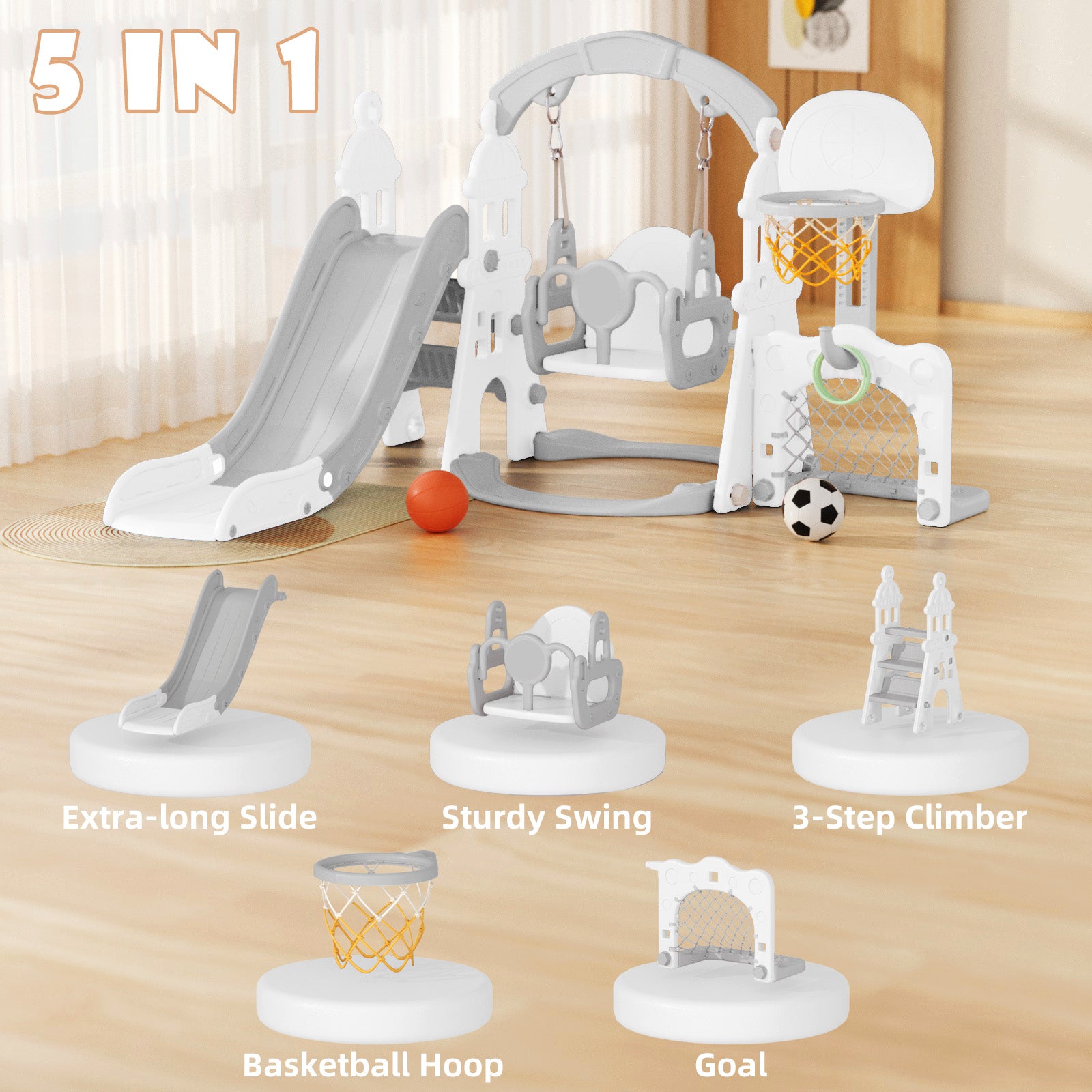 XJD 5-in-1 Toddler Slide and Swing Set Gray