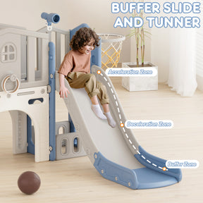 Pre-sale, XJD 8 in 1 Toddler Slide Set  Climber Slide for Age 1-3, Outdoor Indoor Playset with Basketball Hoop, Telescope, and Storage Space, Blue/Grey