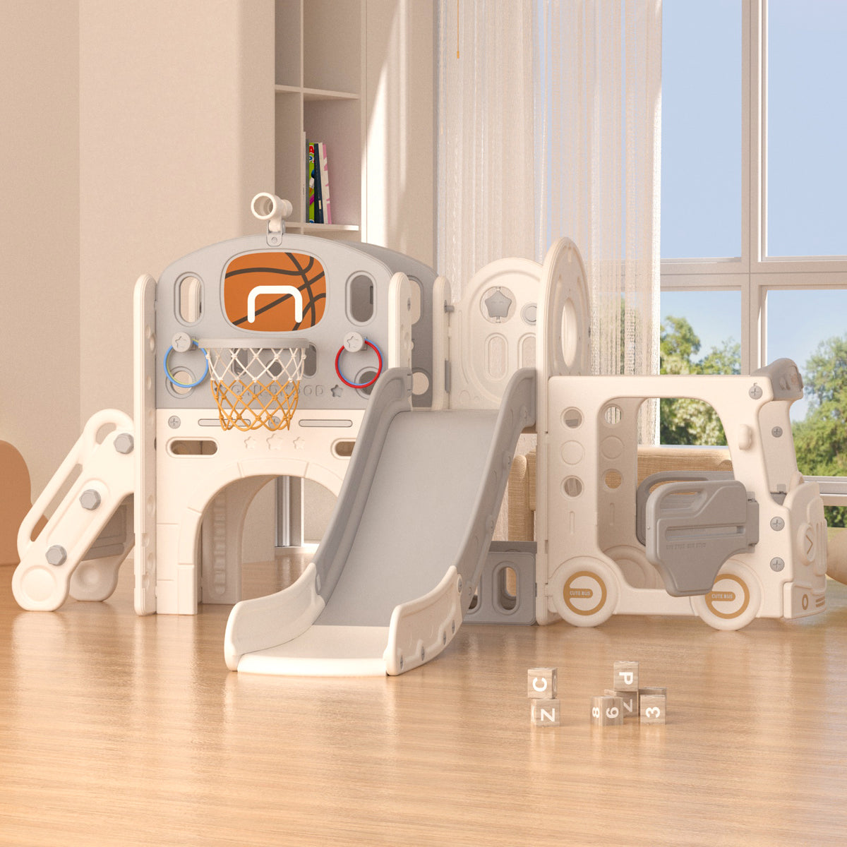 XJD 10-in-1 Toddler Slide Set Freestanding Climber Playset with Basketball Hoop and Ball Versatile Playset for Kids, Beige Grey