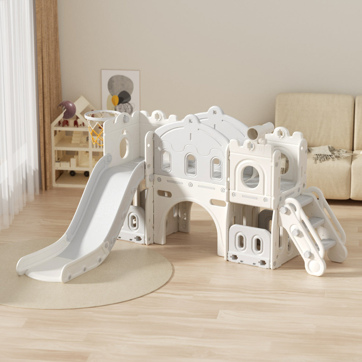 XJD 7-in-1 Kids Slide Climber with Basketball Hoop, Tunnel, Telescope, and Storage Indoor/Outdoor Toddler Play Set, White/Grey